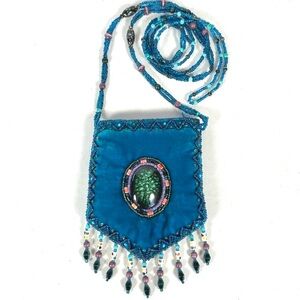 Turquoise Silk Velvet Beaded Crossbody Coin Purse Boho Medicine Bag